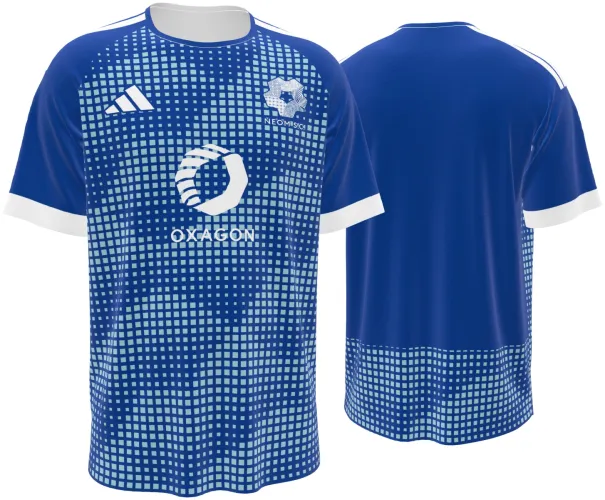 Camisa titular do Neom SC 2026 - 2027 azul com quadriculado que se dissolve, frente e costas