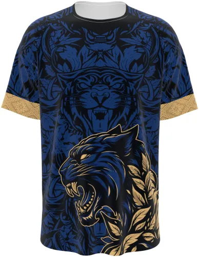 Camisa de interclasse Pantera 2026 azul-marinho com pantera dourada, frente e costas