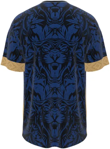 Camisa de interclasse Pantera 2026 azul-marinho com pantera dourada, frente e costas