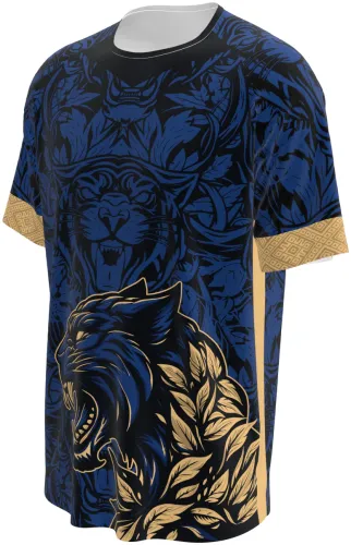 Camisa de interclasse Pantera 2026 azul-marinho com pantera dourada, frente e costas