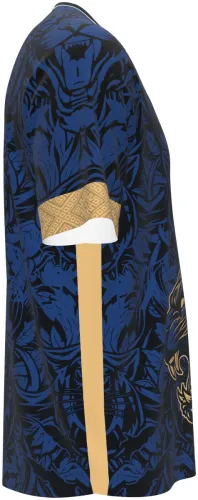 Camisa de interclasse Pantera 2026 azul-marinho com pantera dourada, frente e costas