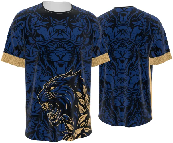 Camisa de interclasse Pantera 2026 azul-marinho com pantera dourada, frente e costas