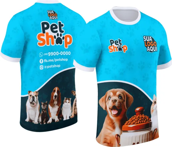 Camisa com logo no peito e estampa grande nas costas mostrando tema de serviços pet, ideal para amantes e profissionais da área que querem estilo e identificação nas roupas.