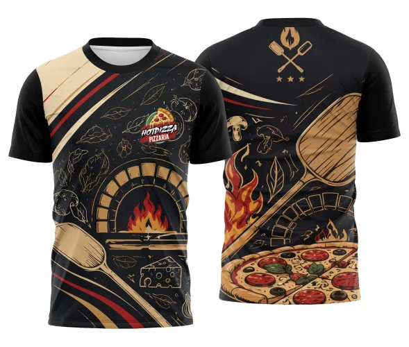 Imagem de uma camisa preta e bege com logo no peito representando uma pizzaria e uma estampa grande nas costas formada por forno e pás em estilo minimalista, com design moderno e elegante.