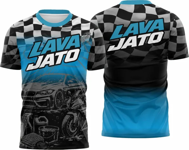 Camisa polo com logo no peito e estampa grande nas costas, destacando tema Lava Jato em design moderno e colorido, ideal para quem busca estilo único e personalizado em peças polo diferenciadas.