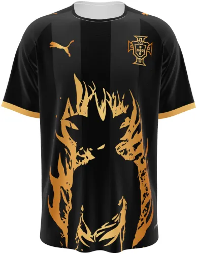Camisa conceito de Portugal 2026 preta com um dragão dourado, frente e costas