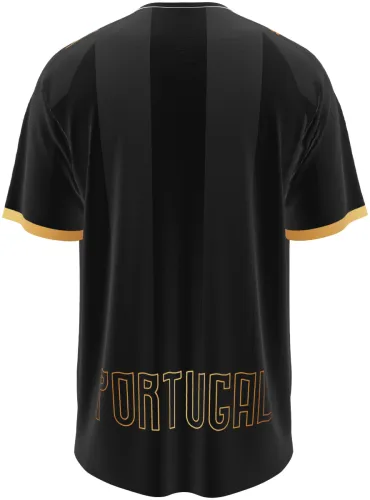 Camisa conceito de Portugal 2026 preta com um dragão dourado, frente e costas