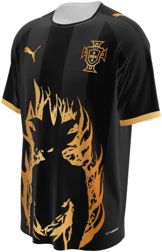 Camisa conceito de Portugal 2026 preta com um dragão dourado, frente e costas