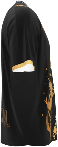 Camisa conceito de Portugal 2026 preta com um dragão dourado, frente e costas