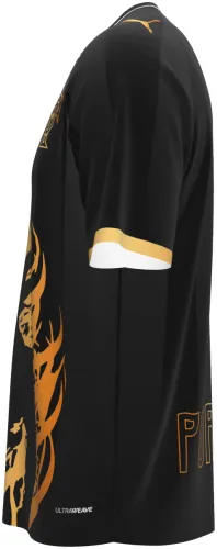 Camisa conceito de Portugal 2026 preta com um dragão dourado, frente e costas
