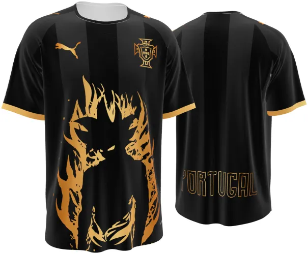 Camisa conceito de Portugal 2026 preta com um dragão dourado, frente e costas