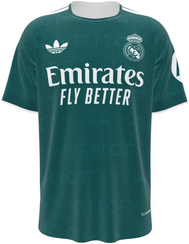 Camisa visitante do Real Madrid 2026 - 2027 verde-petróleo com trama de pontos, frente e costas