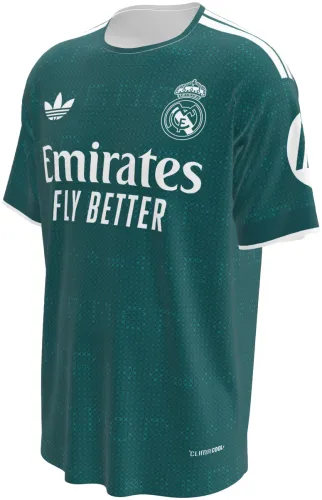 Camisa visitante do Real Madrid 2026 - 2027 verde-petróleo com trama de pontos, frente e costas