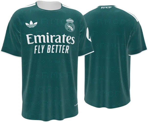 Camisa visitante do Real Madrid 2026 - 2027 verde-petróleo com trama de pontos, frente e costas