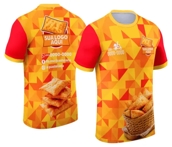 Camisa com logo estilizado no peito e estampa grande nas costas destacando salgados fritos, perfeita para quem ama esse tema de forma original e vibrante.