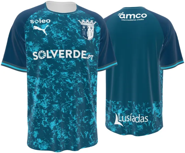 Camisa visitante do SC Braga 2026 - 2027 azul-petróleo com textura craquelê, frente e costas