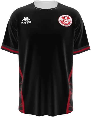 Camisa terceiro uniforme da Tunísia 2026 preta com estilhaços vermelhos, frente e costas