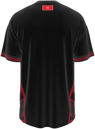 Camisa terceiro uniforme da Tunísia 2026 preta com estilhaços vermelhos, frente e costas