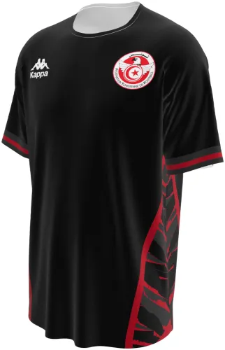 Camisa terceiro uniforme da Tunísia 2026 preta com estilhaços vermelhos, frente e costas