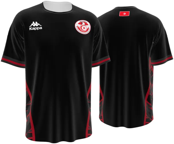 Camisa terceiro uniforme da Tunísia 2026 preta com estilhaços vermelhos, frente e costas