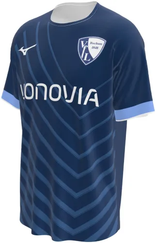 Camisa titular do VfL Bochum 2026 - 2027 azul-marinho com setas tom sobre tom, frente e costas