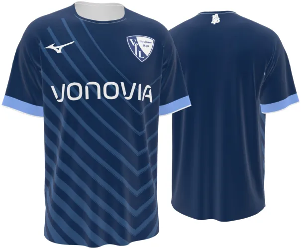 Camisa titular do VfL Bochum 2026 - 2027 azul-marinho com setas tom sobre tom, frente e costas
