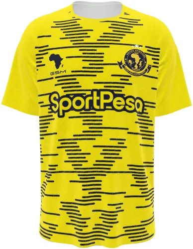 Camisa visitante do Young Africans 2026 - 2027 amarela com traços pretos horizontais, frente e costas