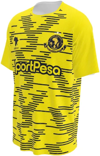 Camisa visitante do Young Africans 2026 - 2027 amarela com traços pretos horizontais, frente e costas
