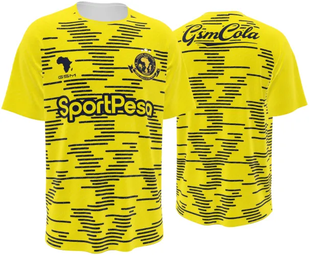 Camisa visitante do Young Africans 2026 - 2027 amarela com traços pretos horizontais, frente e costas