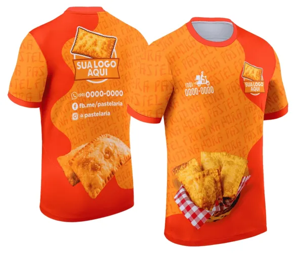 Camisa com logo no peito e estampa grande nas costas mostrando um pastel crocante saindo da fritura, ideal para quem ama comida de feira e gosta de estilo descontraído e autêntico.
