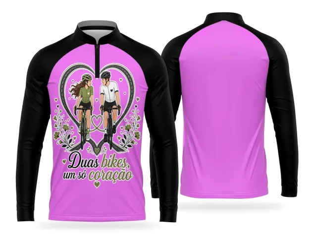 Estampa de casal na bike com frase um só coração para camisa esportiva