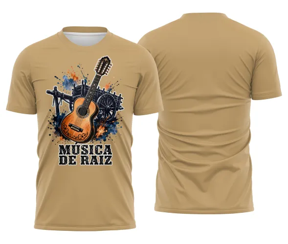 Estampa digital música de raiz oficial com ilustração central de viola e elementos rústicos de madeira.