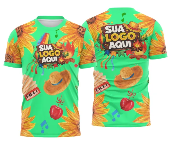 Estampa para camisa de Festa Junina com girassóis fogueira chapéu e sanfona