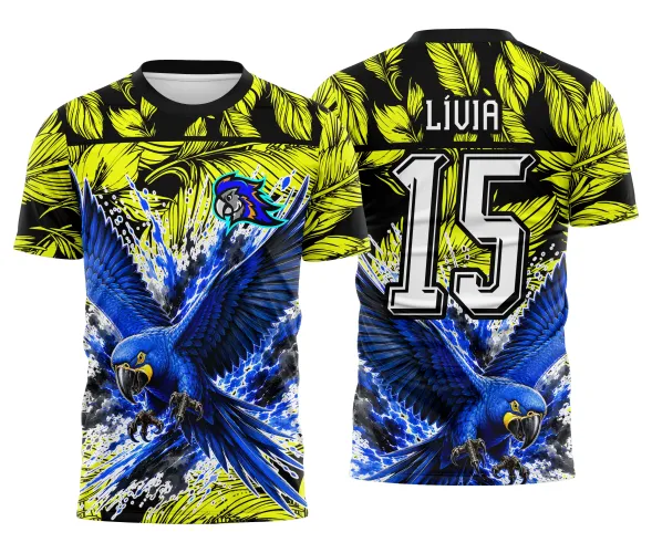 Camisa de interclasse com arara em voo e identidade visual para equipe Arte Autoral Doces Desenhos