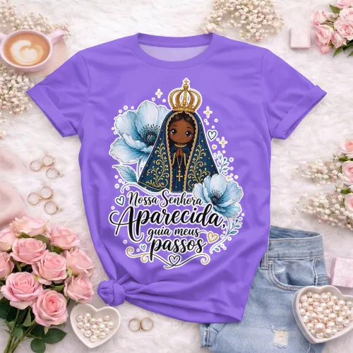 Arte católica para produto religioso com Nossa Senhora Aparecida e mensagem de fé