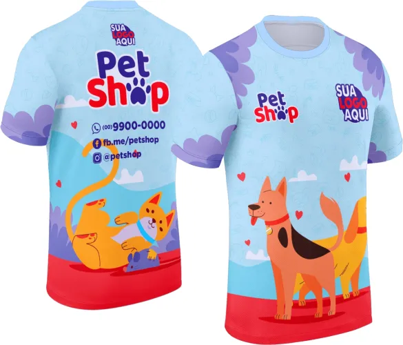 Estampa para camisa de pet shop com identidade visual pensada para negócios e atendimento pet.