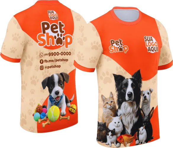 Camisa com logo no peito e estampa grande nas costas, ideal para pet shop, destacando o estilo profissional e divertido para uniformes personalizados.