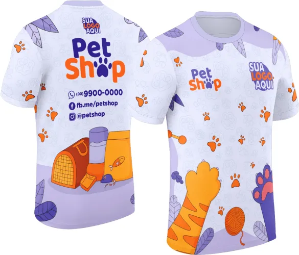 Estampa profissional para camisa de pet shop, ideal para negócios do segmento pet e serviços especializados.