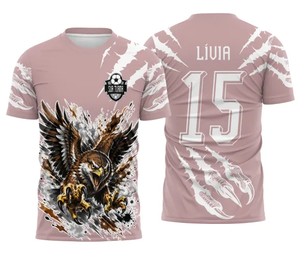 Estampa pronta de gavião para camisa de torcida escolar com garras nas mangas e numeração editável nas costas.