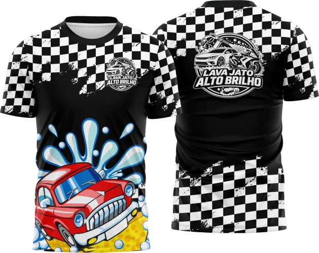 Camisa com logo no peito discreto e estampa grande nas costas ilustrando um design moderno e profissional voltado para lavagem automotiva, com cores vibrantes e elementos que remetem a limpeza e cuidado veicular.