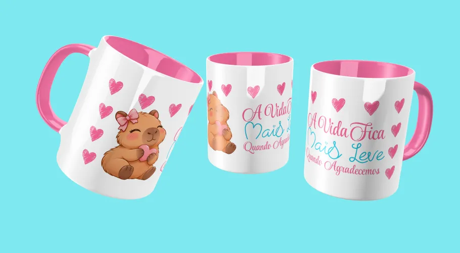 Caneca com frases positivas e modernas com detalhes que transmitem leveza e motivação ao visual.