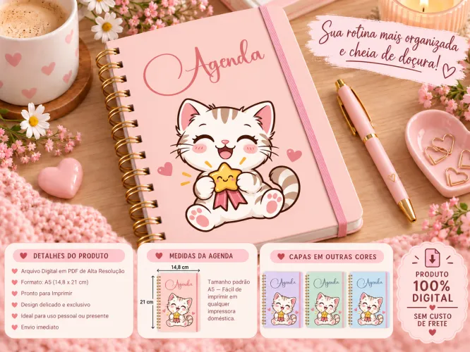 Kit digital com 4 agendas A5 com animais fofos em PDF