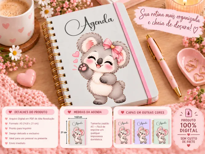 Kit digital com 4 agendas A5 com bichinhos fofos