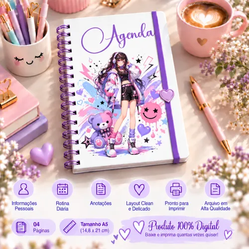 Kit digital com 5 agendas A5 e 5 artes para canecas Anime Kawaii, com modelos combinando para imprimir, personalizar e criar kits.