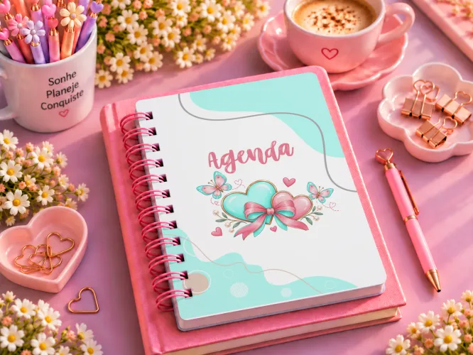 Kit com 8 agendas digitais femininas A5 em PDF para imprimir, com capas delicadas de borboletas, flores, laços e frases inspiradoras.
