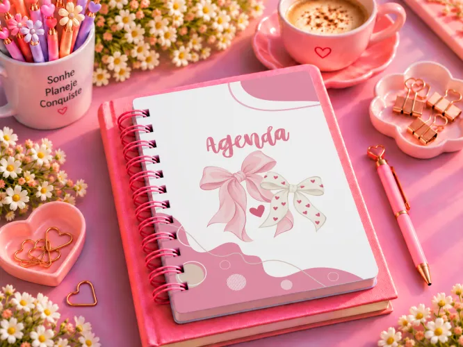 Kit com 8 agendas femininas A5 em PDF para imprimir. Cada agenda possui 3 páginas, arquivos em alta resolução e prontos para impressão.