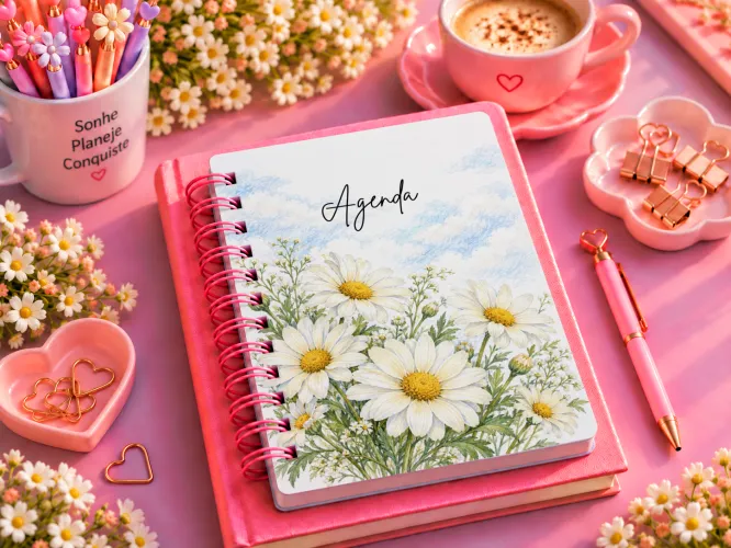 Kit Abril Margaridas 2027 com artes PNG para caneca e personalizados, mais agenda PDF A5 com capa, dados pessoais e página para anotações.