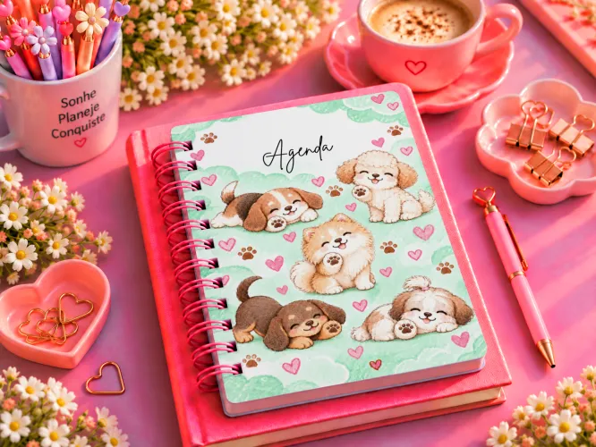 Agenda 2027 com cachorrinhos fofos, corações e patinhas
Caneca com arte de cachorrinhos fofos, corações e patinhas
Ecobag personalizada com cachorrinhos fofos e corações
