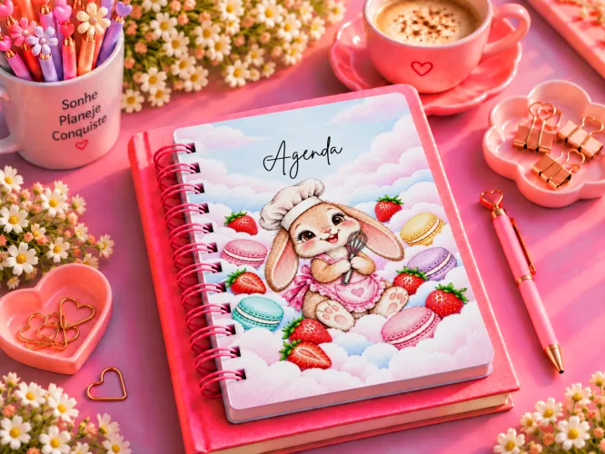 Agenda 2027 com Coelhinha Confeiteira, morangos e macarons
Arte para caneca com Coelhinha Confeiteira, morangos e macarons