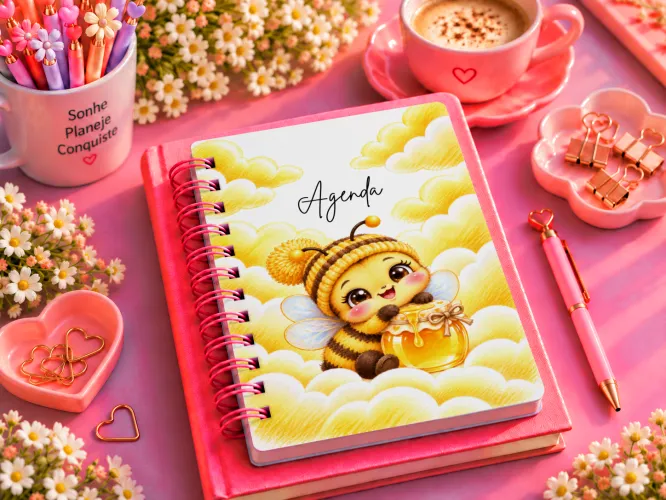 Agenda 2027 digital com abelhinha fofa e pote de mel
Arte para caneca com abelhinha fofa, mel e nuvens amarelas